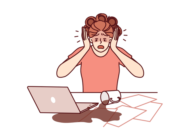 Employee spilt coffee on paper documents  イラスト