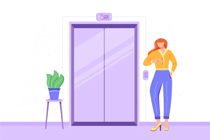 Employee In Office Hall Flat Vector Illustration Staff Member Waiting For Elevator Office Corridor Interior Worker Going To Meeting Candidate Heading To Interview Businesswoman Cartoon Character Illustration