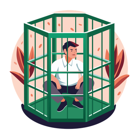 Employee stuck in office cage  Illustration