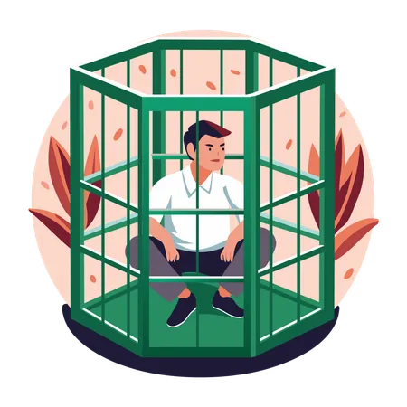 Employee stuck in office cage  Illustration