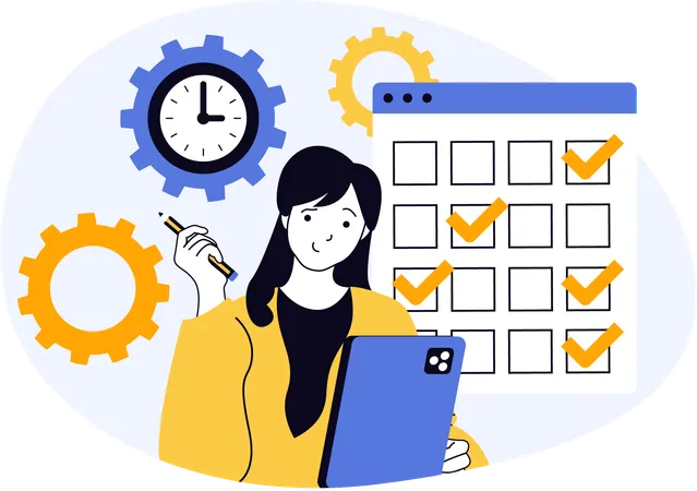 Employee tick mark completed tasks of project  Illustration