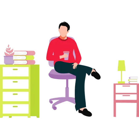 The Boy Is Sitting On A Chair And Drinking Juice Illustration