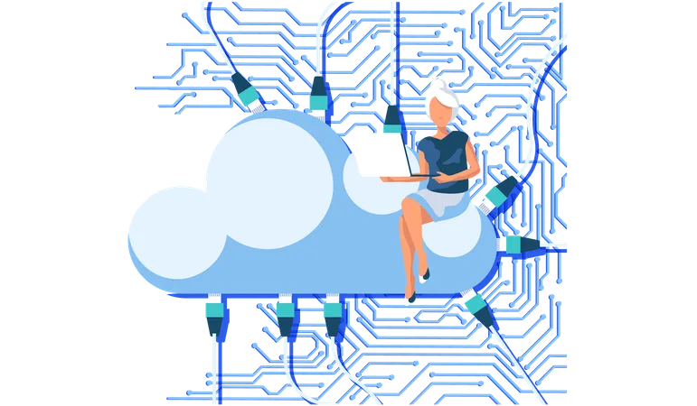 Employee uploading data to cloud  Illustration