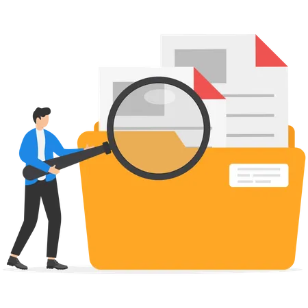 Workers Searching File Employee Uses Magnifying Glass File Binders Yellow Folder With Documents File Manager Data Storage And Indexing Files Search Illustration