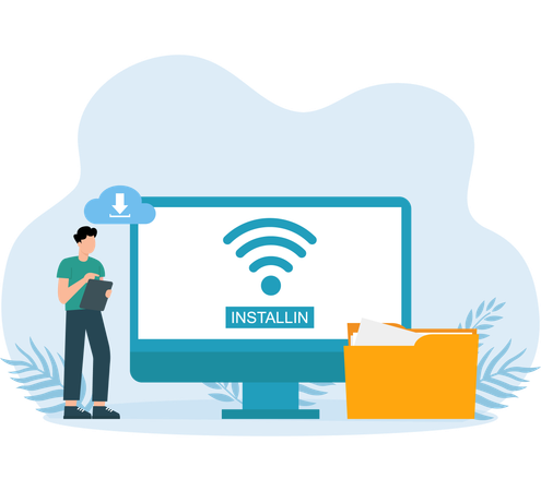 Employee using wi-fi connection to download folder  Illustration