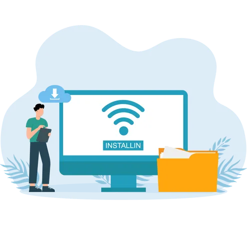 Employee using wi-fi connection to download folder  Illustration