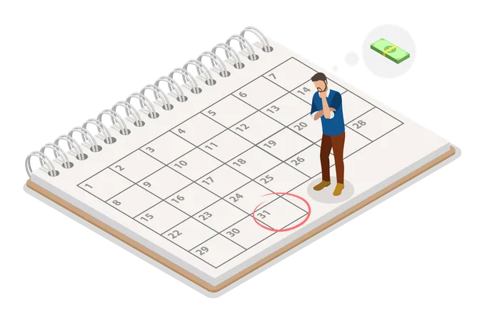 3 D Isometric Flat Vector Illustration Of Salary Calendar Employee Waiting For Salary Payment Illustration