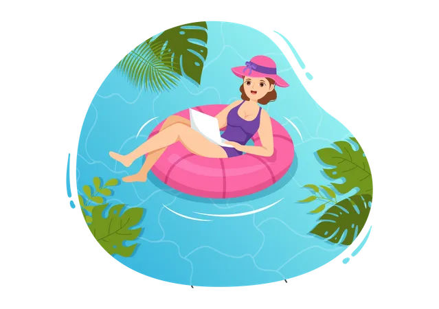 Employee Work From Swimming Pool Illustration