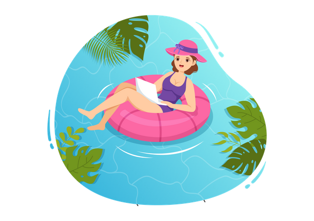 Employee Work From Swimming Pool  Illustration