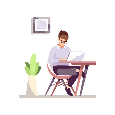 Office Worker Flat Vector Color Illustration Freelance Remote Job Working At Home Concept Programmer Designer Nerd In Glasses With Laptop Young Employee Isolated Cartoon Character Illustration