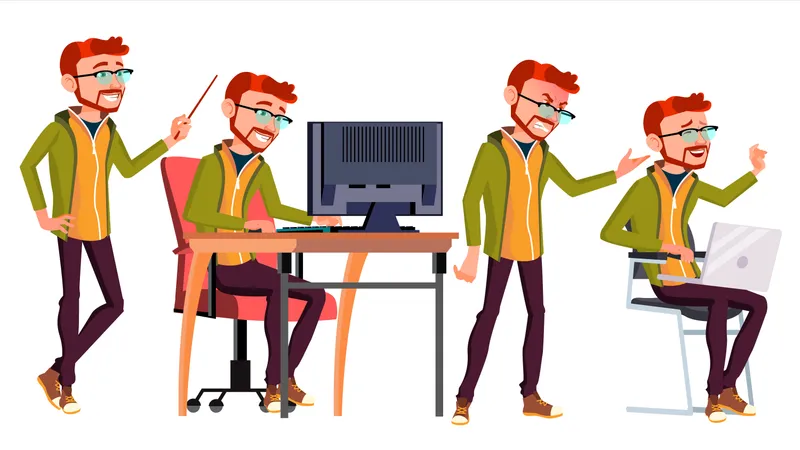 Office Worker Vector Businessman Worker Lifestyle Animated Elements Poses Red Head Ginger Front Side View Happy Job Partner Clerk Servant Employee Isolated Flat Cartoon Illustration Illustration