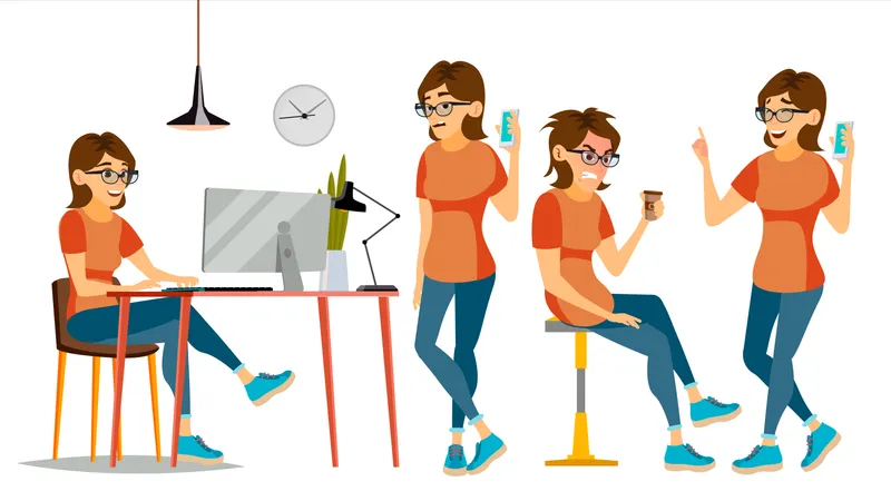 Employee Working In Office On Her Desk  Illustration