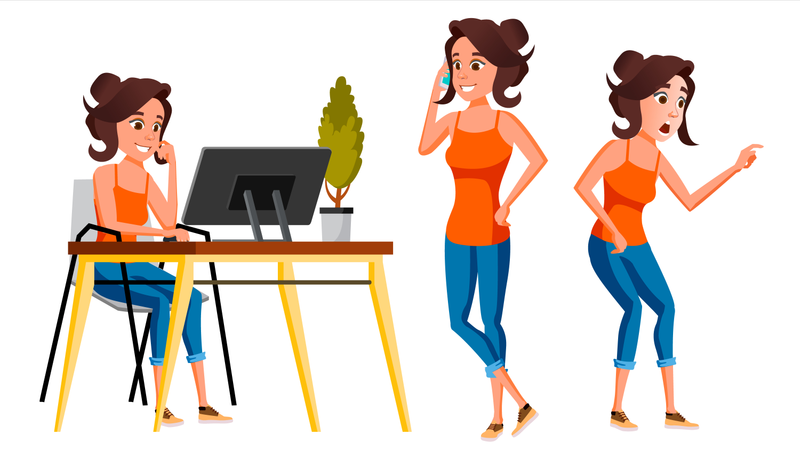 Employee Working In Office With Different Gestures Illustration