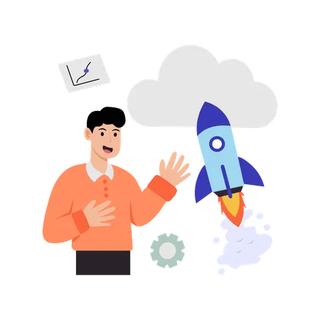 Employee working on Cloud startup  Illustration