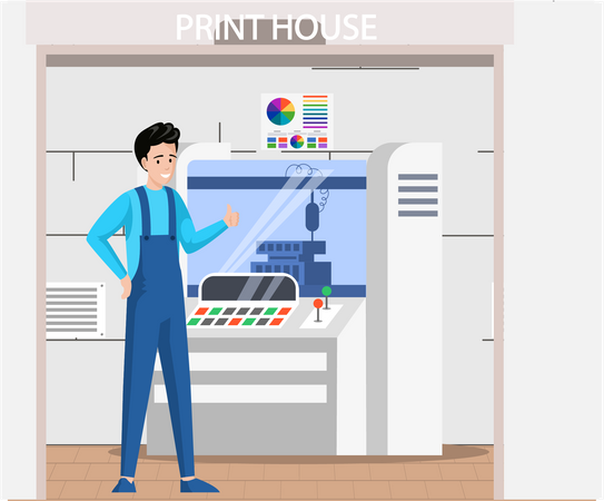 Employee working on industrial printing machine Illustration