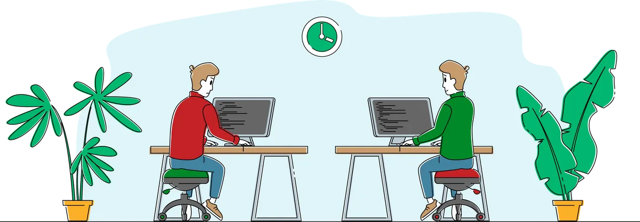 Technical Application Software Development Work Men Programmers Or Coders Characters Working At New Web Site Page Online Project Css Html Coding And Programming Linear People Vector Illustration Illustration