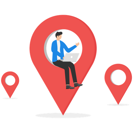 Employee working remotely with laptop on location map  일러스트레이션