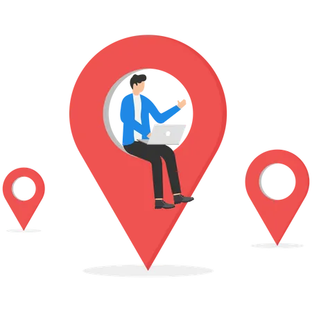 Employee Working Remotely With Computer Laptop On Location Map Pin Remote Job Or Distance Work Virtual Office Or Working Anywhere Freelancer Or Online Office Illustration