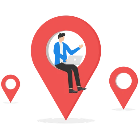 Employee working remotely with laptop on location map  Illustration