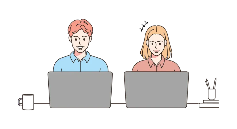 Employee working together on laptop  Illustration