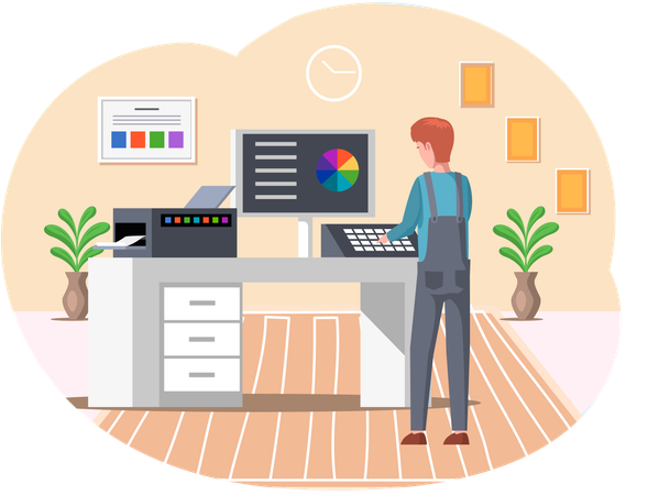 Employee working with equipment printer enter data  Illustration