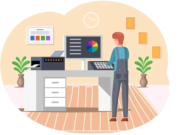 Employee working with equipment printer enter data  Illustration