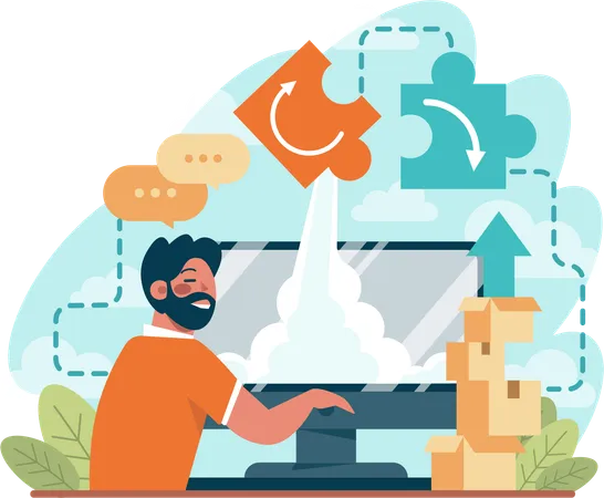 Employee works on business puzzles  Illustration