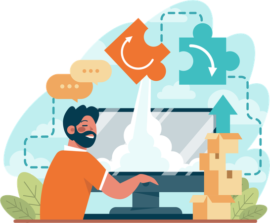 Employee works on business puzzles  Illustration