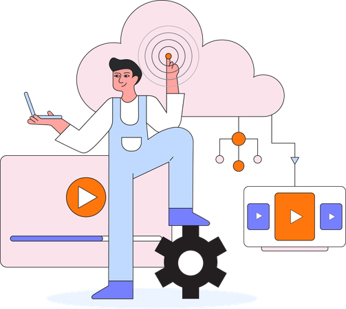 Employee works on cloud settings  Illustration