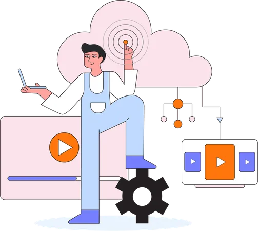 Employee works on cloud settings  Illustration