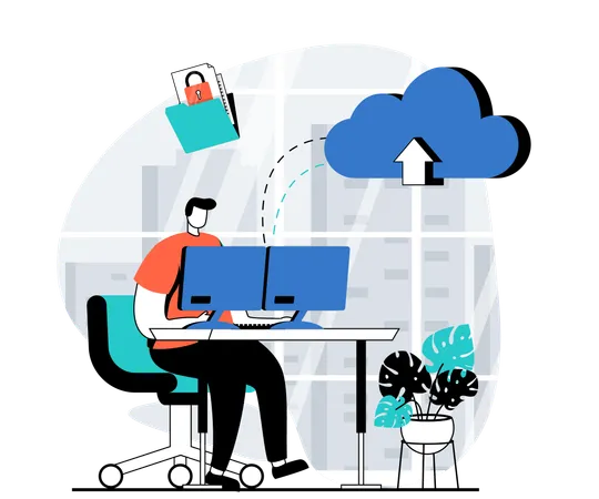 Employee works on cloud uploaded data  Illustration