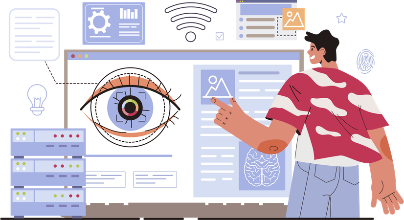 Employee works on eye scanner  Illustration