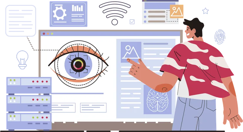 Employee works on eye scanner  Illustration