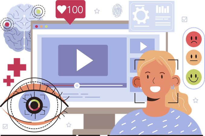 Employee works on  eye scanning  Illustration