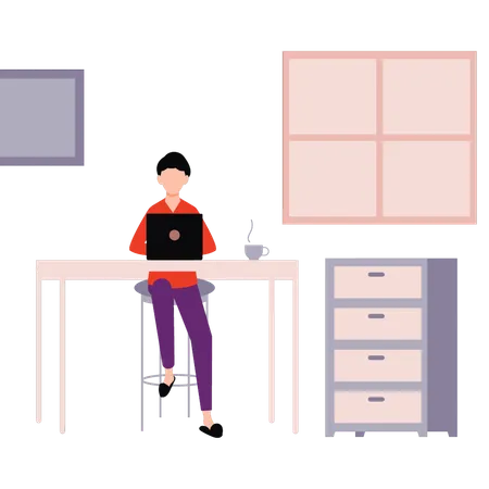 A Boy Is Working Online In Office Illustration