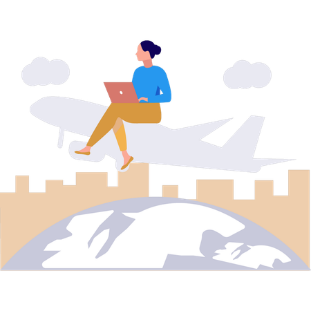 Employee works on laptop while flight travel  Illustration