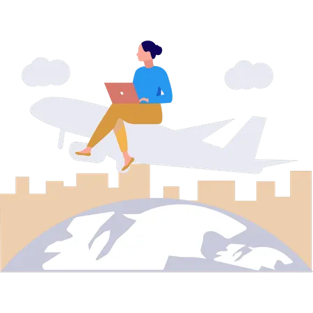 Employee works on laptop while flight travel  Illustration