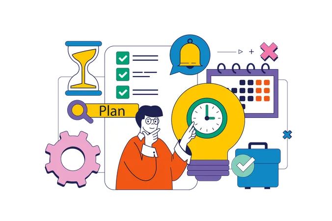 Time Management Concept In Flat Neo Brutalism Design For Web Manager Makes Plan And Schedule Managing Efficiency Work Time At Office Vector Illustration For Social Media Banner Marketing Material Illustration