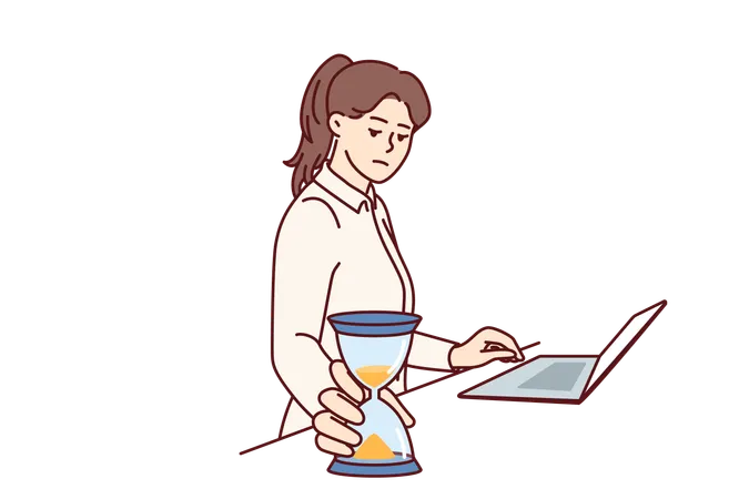 Busy Businesswoman With Hourglass Keeps Track Of Time Until Deadline So As Not To Violate Terms Of Important Contract Freelancer Girl In Business Suit Stands Near Laptop And Does Time Management Illustration
