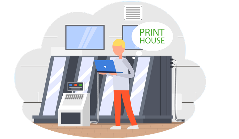 Employee works with electronic device laptop during printing process  Illustration