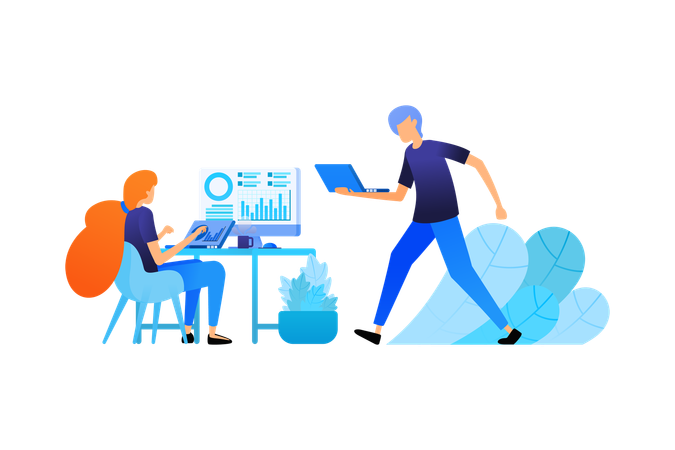 Employees analyze company statistical data  Illustration