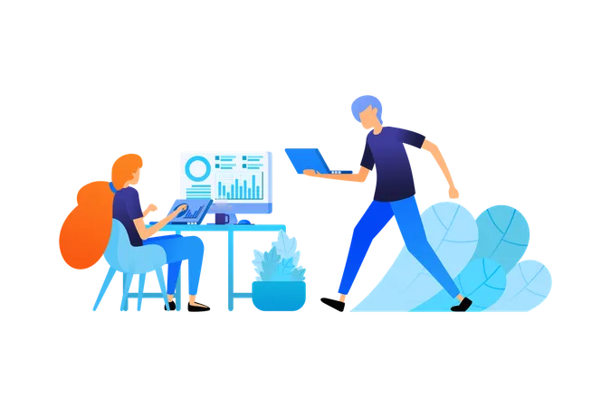 Employees analyze company statistical data  Illustration