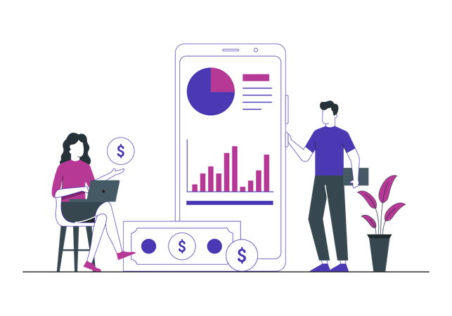 Employees analyzing market data  Illustration