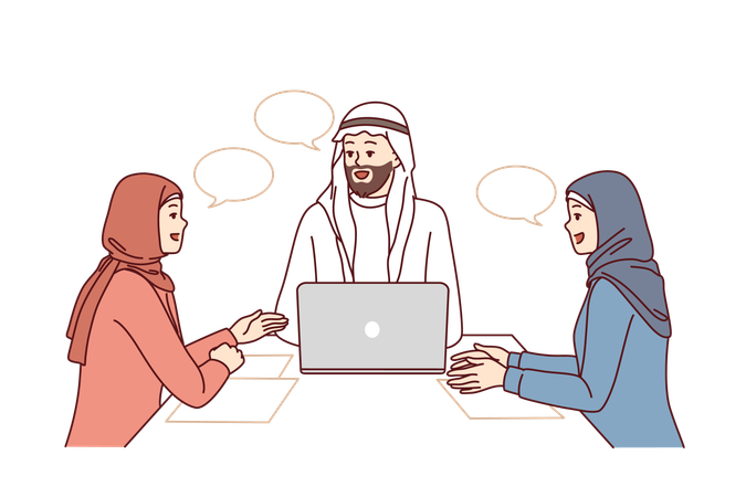 Employees are attending meeting with Arabic man  イラスト