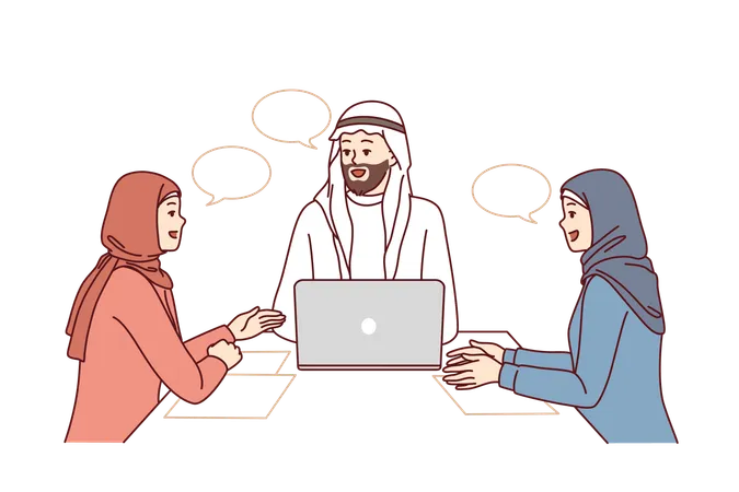 Corporate Business Meeting With People In Arabic Clothes And Hijabs Sitting At Office Table With Laptop Meeting Company Employees With Partners For Brainstorming And Discussion Of Marketing Strategy イラスト