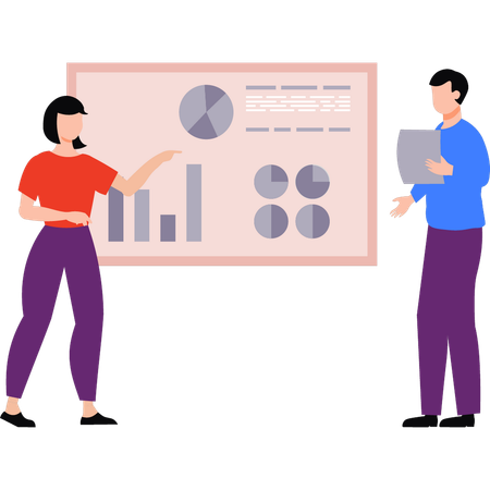 Employees are discussing about different pie graphs  Illustration