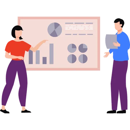 Employees are discussing about different pie graphs  Illustration