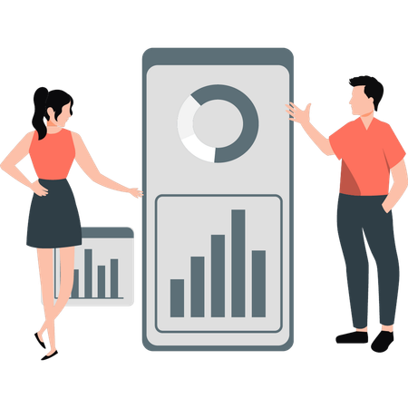 Employees are discussing pie chart and graph on mobile  Illustration