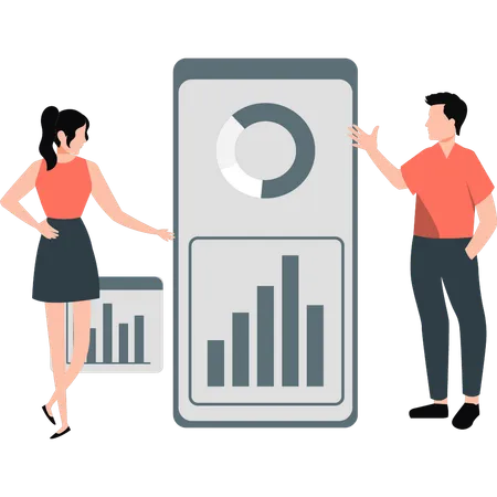 Employees are discussing pie chart and graph on mobile  Illustration