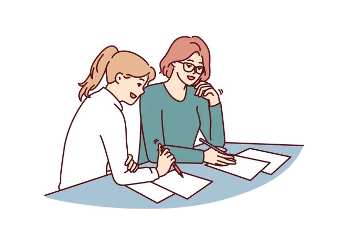 Two Women Doing Paperwork Sitting At Table In Office Of Insurance Company During Conclusion Of Contract Business Women Make Business Plan For New Project Wish To Create Successful Startup Together Illustration